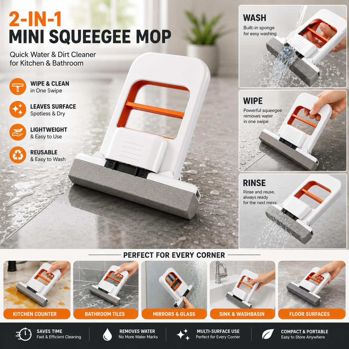 2-in-1 Mini Squeegee Mop | Quick Water & Dirt Cleaner