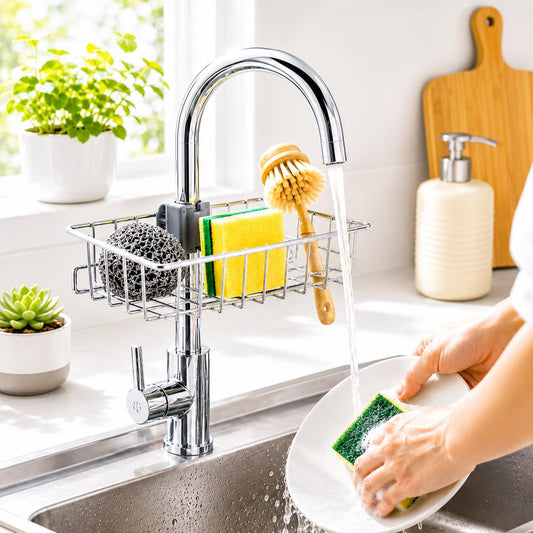 Stainless Steel Faucet-Mounted Kitchen Sink Caddy – Sponge & Soap Holder