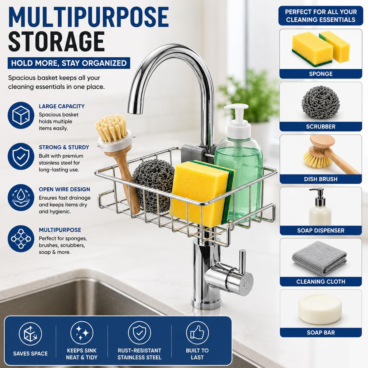 Stainless Steel Faucet-Mounted Kitchen Sink Caddy – Sponge & Soap Holder