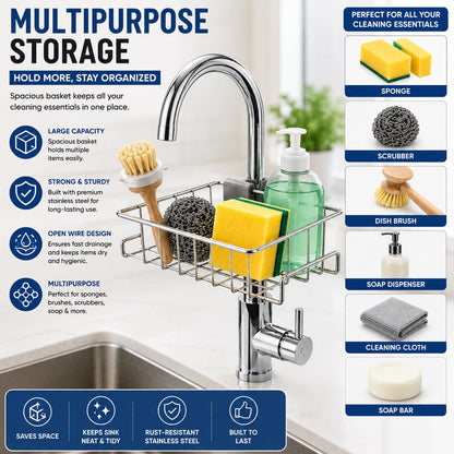 Stainless Steel Faucet-Mounted Kitchen Sink Caddy – Sponge & Soap Holder
