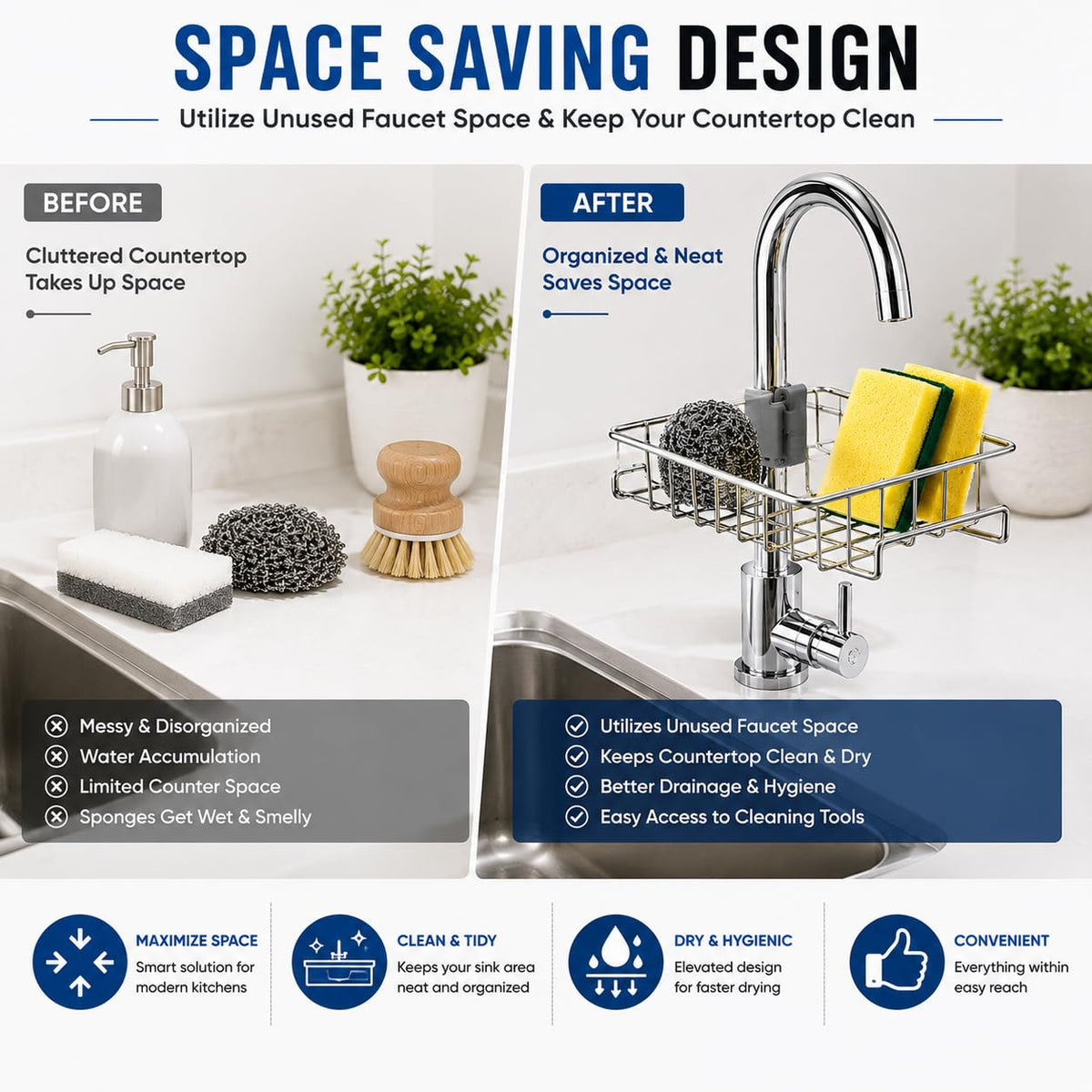 Stainless Steel Faucet-Mounted Kitchen Sink Caddy – Sponge & Soap Holder