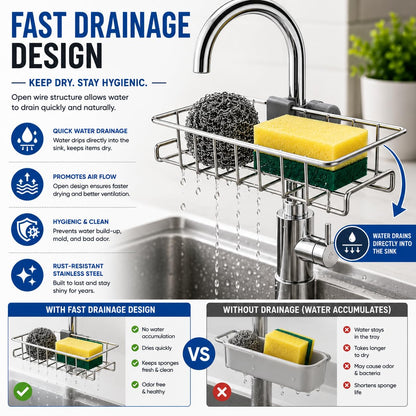 Stainless Steel Faucet-Mounted Kitchen Sink Caddy – Sponge & Soap Holder