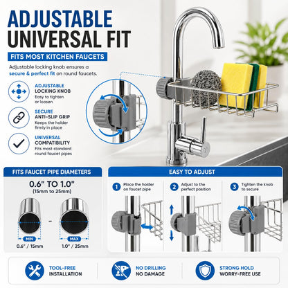 Stainless Steel Faucet-Mounted Kitchen Sink Caddy – Sponge & Soap Holder