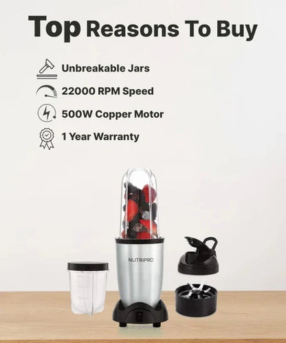 NutriPro Juicer Mixer Grinder - Smoothie Maker - 500 Watts (2 Jars & 1 Blade, Silver) - 2 Year Warranty
