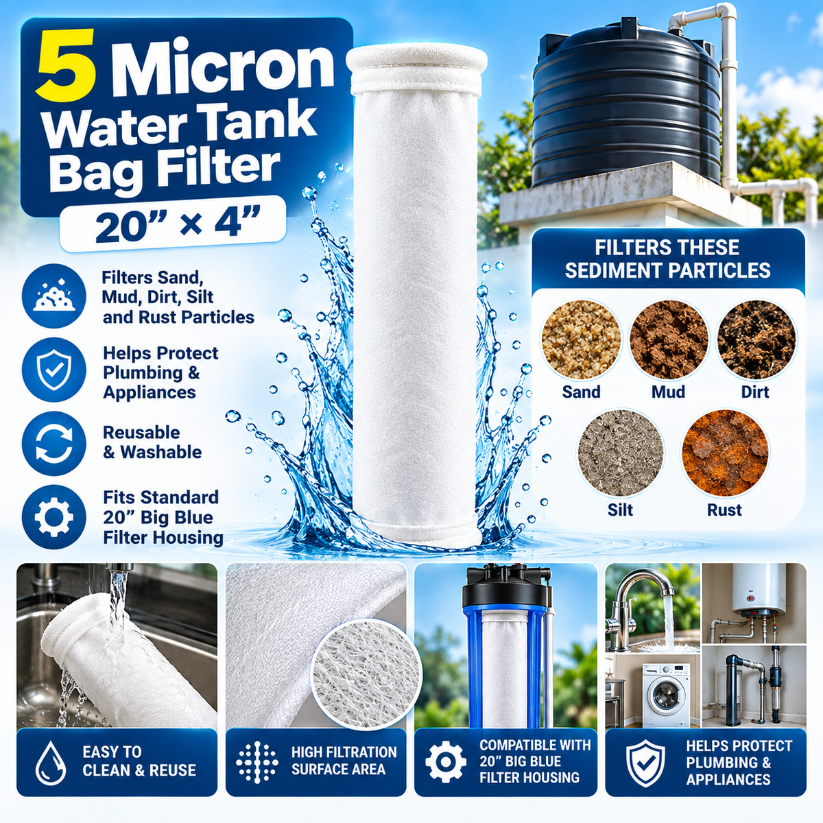 5 Micron Water Tank Bag Filter – 20" × 4" Reusable Sediment Filter