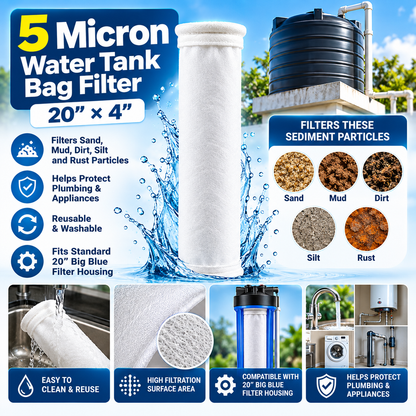 5 Micron Water Tank Bag Filter – 20" × 4" Reusable Sediment Filter