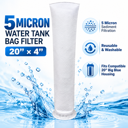5 Micron Water Tank Bag Filter – 20" × 4" Reusable Sediment Filter