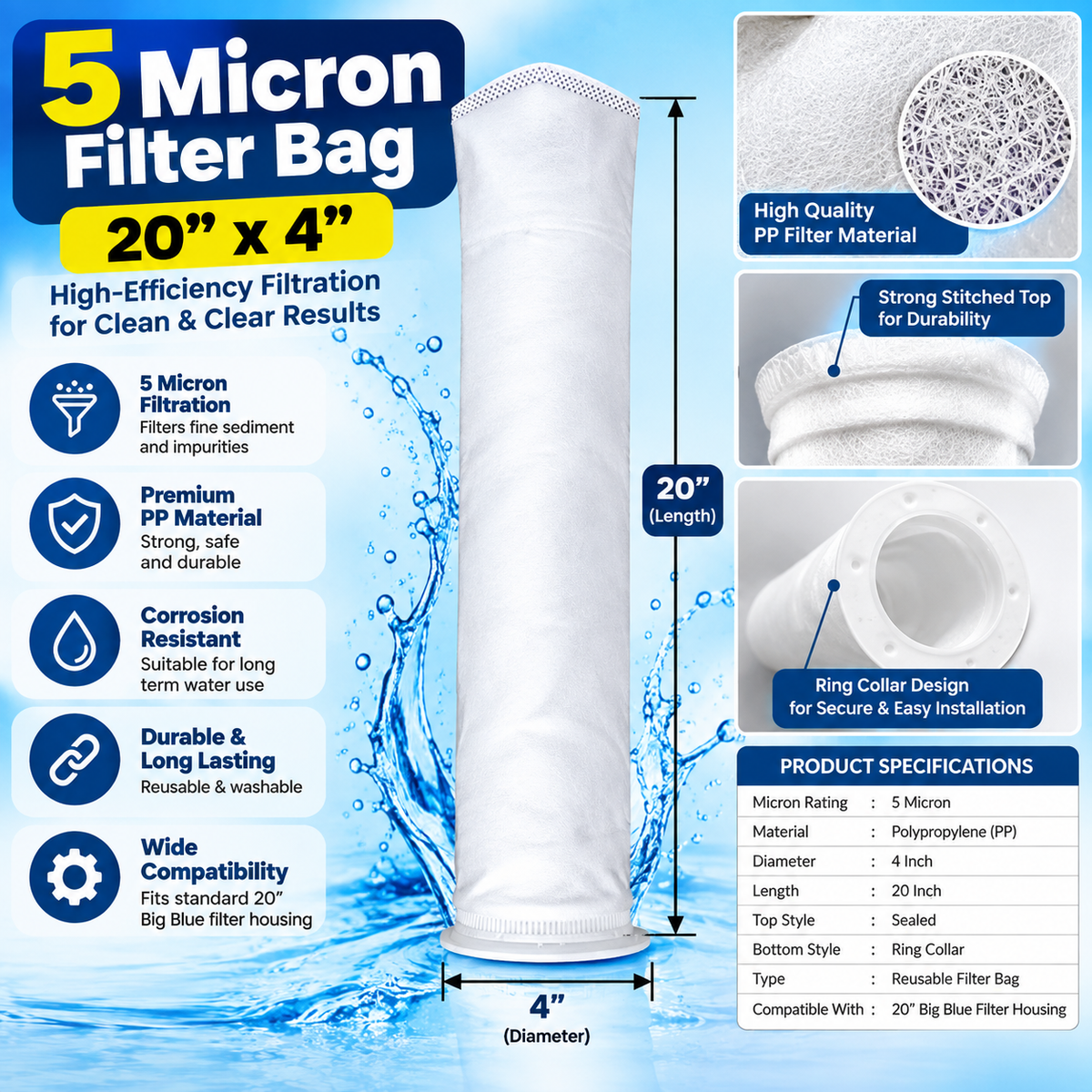 5 Micron Water Tank Bag Filter – 20" × 4" Reusable Sediment Filter