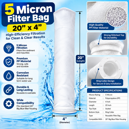 5 Micron Water Tank Bag Filter – 20" × 4" Reusable Sediment Filter